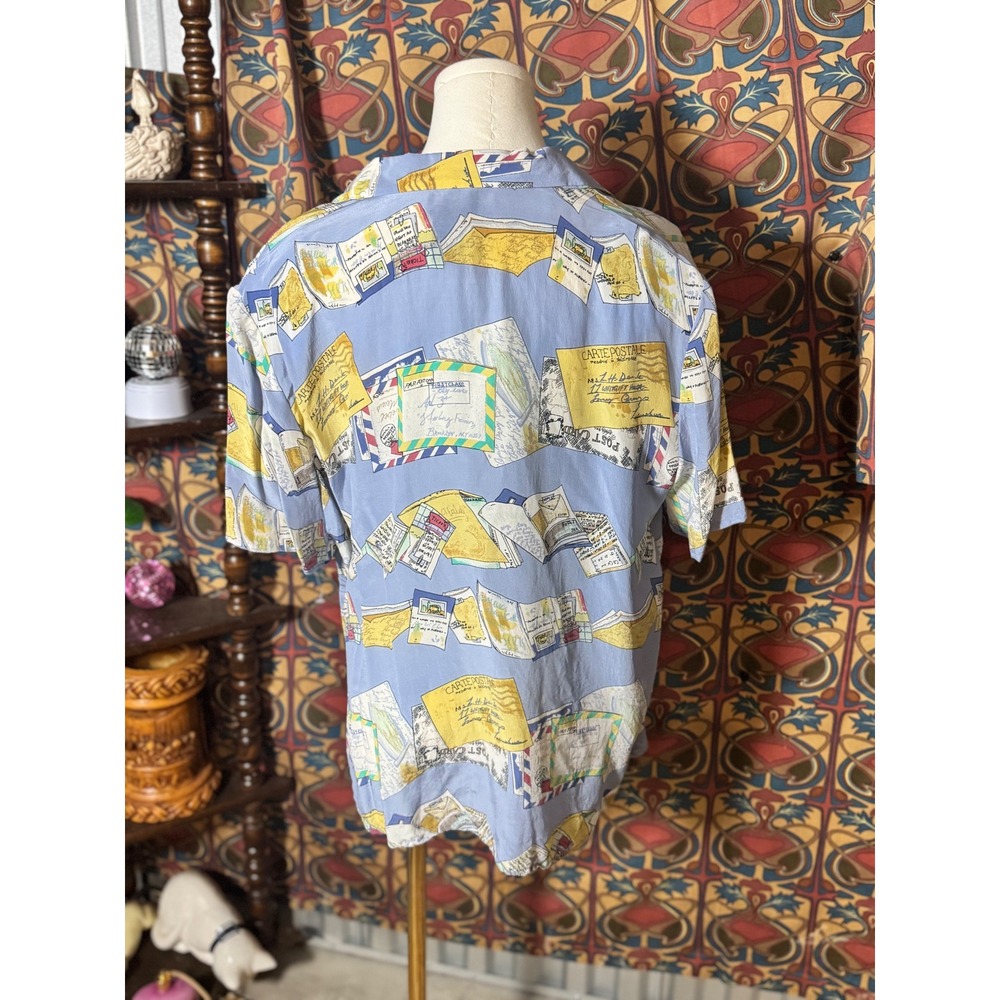 City Silk XL Blouse Button Up‎ Short Sleeve Blue Multicolor Letter Print Top - Picture 3 of 3
